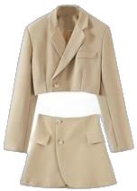 Two-piece Sets For Workwear In Fall, Solid Long Sleeve Skirt Suit For Fall, Fall Long Sleeve Skirt Suit, Beige Winter Sets For Office Wear, Fitted Two-piece Long Sleeve Blazer, Beige Winter Workwear Sets, Tailored Long Sleeve Solid Skirt Suit, Long Sleeve Office Sets With Pockets, Chic Two-piece Long Sleeve Blazer