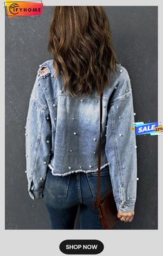 Sky Blue Pearls Beading Cropped Denim Jacket