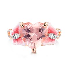 This sterling silver ring, a beautiful testament to the power of love, shines with a pink heart-shaped stone at its center. Fluttering gracefully on either side of the heart-shaped stone are two enamel pink butterflies. These delicate creatures, with their wings spread wide, seem to be dancing on the ring wall. Whether worn as a symbol of a deep and abiding love or beauty , this sterling silver ring with its pink heart-shaped stone and dancing butterflies is sure to captivate and delight.Carat W Rose Gold Heart Ring, Pink Heart Rings, Pandora Bracelet Charms Ideas, Heart Shaped Diamond Ring, Dreamy Garden, Open Heart Ring, Jewelry Knowledge, Gold Heart Ring, Cute Engagement Rings