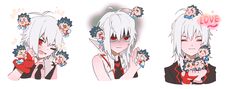 three anime characters with white hair and red eyes, one holding her hand up to her face