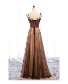 Shop luxury brown beaded long tulle prom dress with spaghetti straps online. All instock with free shipping. Pro since 2009. Brown Masquerade Dress, Dark Brown Prom Dress, Alt Prom Dress, Alt Prom, Brown Prom Dress, Brown Prom Dresses, Social Dresses, A Line Prom Dresses, Prom Outfits