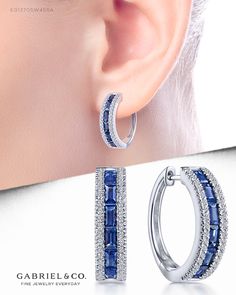 Strands of shimmering 0.36ct pavé diamonds are perfectly paired with central columns of rich blue sapphires in these colorful hoop earrings. Crafted from rich 14k white gold, each huggie hoop is finished with a screwback closure for ultimate security. EG13705W45SA #GabrielNY #DiamondJewelry #FineJewelry#FineJewelry#FashionJewelry#UniqueJewelry#GiftIdeas#UniqueGifts #Earrings #FashionEarrings #HuggieEarrings#SapphireEarrings Luxury Blue Hoop Earrings, Luxury Channel Set Hoop Huggie Earrings, Luxury Halo Huggie Earrings, Luxury Small Hoop Earrings With Halo, Formal Huggie Hoop Earrings With Halo Detail, Formal Halo Huggie Hoop Earrings, Luxury Channel Set Huggie Hoop Earrings, Luxury Huggie Hoop Earrings Channel Set, Filigree Hoop Earrings