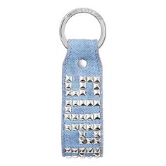 a blue leather key chain with silver studs