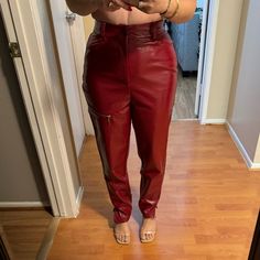 Red Leather Pants High Waist Beautiful Quality Shiny If You Love Red This Is The Pants For You,Size S Never Worn Brand Is By Egreis Red Leather Pants, Womens Straight Leg Pants, Dress Yoga Pants, Corduroy Pants Women, Tweed Trousers, Womens Chinos, Balloon Pants, Paperbag Pants, Classic Pants