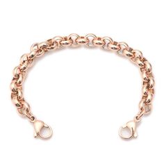 Durable, Rose Gold stainless steel, Rolo link medical ID bracelet strand that features stainless steel clasps on both ends. Available in 5 Sizes! Attach this bracelet to a medical ID tag. Tags are sold separate, or attach your own tag. Tag sizes vary Usually between 1.25" - 2" in length.Please add the tags length to the strand to achieve your overall length. If your tag is 1.5" long attaching it to a 6" strand your total length will be 7.5". Strand Measures  5 inches   (Child/Youth/Small Adult)S Classic Rose Gold Metal Chain Bracelet, Rose Gold Metal Bracelet With Lobster Clasp, Adjustable Rose Gold Chain Bracelet In Stainless Steel, Adjustable Stainless Steel Chain Bracelet In Rose Gold, Adjustable Rose Gold Stainless Steel Chain Bracelet, Rose Gold Link Chain Bracelet With Lobster Clasp, Classic Hypoallergenic Rose Gold Bracelets, Metal Rose Gold Bracelet With Solid Link Construction, Hypoallergenic Metal Oval Link Bracelets