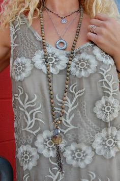 Spirit Lala: Statement Gem Taupe Mandala Tassel Necklace ♡ Product Highlights ♡ Our Spirit Lala: Statement Gem Taupe Mandala Tassel Necklace is the perfect accessory to add to any on-trend bohemian style outfit! Layered with any of our many statement necklaces, of your choosing, the Spirit Lala: Statement Gem Taupe Mandala Tassel Necklace will be sure to be a wonderful addition to any necklace layering style! ✁ Contents & Measurements ✁ Our Spirit Lala: Statement Gem Taupe Mandala Tassel Necklac Handmade Lariat Tassel Necklace, Handmade Bohemian Necklaces For Summer, Bohemian Handmade Necklaces For Summer, Bohemian Beaded Necklaces For Summer, Bohemian Necklaces For Beach, Summer Bohemian Beaded Necklaces, Bohemian Beaded Summer Necklace, Summer Bohemian Beaded Necklace, Bohemian Jewelry With Round Beads For Vacation