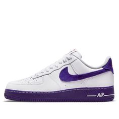 The Nike Air Force 1 '07 LV8 EMB 'White Court Purple' is a stylish sneaker that stands out with its vibrant purple accents. Its white upper is complemented by a wide waistline with two panels of deep purple, from edge to edge. The rubber sole provides a dynamic palette, with the Swoosh and heel label adding a unique touch. This sneaker is perfect for everyday activities, from running errands to a night out. It's a modern take on the classic Air Force 1 series, with a timeless design that will never go out of style. (AF1/SNKR/Skate/Men's/Low Top/Corduroy) Skate Man, Nike Air Force 1 07, Purple Accents, Vibrant Purple, Everyday Activities, Air Force 1 Low, Nike Air Force 1, Stylish Sneakers, Air Force 1