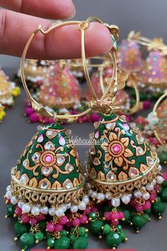 "Jhumka Swag - Meenakari Hand painted Gold Ring Jhumkas / Earrings with cluster pearls & crystal drops - All In One. Truly a statement piece of jewelry. A must have earring in your trinket. 💥Ready to ship from NJ 💥Super Trendy 💥Statement Earrings 💥Size: 3.5\" Long, very light weight for the size. WHAT GOES IN 👉🏻High Quality Raw materials and finishing guarantee. 👉🏻Brass base earrings with fine hand Meenakari done. GIFT IDEAS 👉🏻Ideal Gift for Loved ones, Wife, Mother, Sister. Excell Hand Painted Jhumka, Rajasthani Jewelry, Jhumkas Earrings, Indian Ring, Meenakari Earrings, Indian Rings, Earrings Indian, Bangles Indian, Diamond Necklace Set