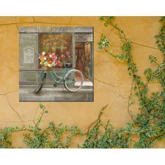 a painting of a bicycle parked in front of a window with flowers on the ledge