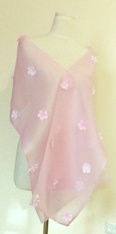 "Pretty kawaii pink silk organza wedding shawl with SAKURA cherry blossom. Sweet and gorgeous enough, suitable for a wedding or any special occasion. I was inspired from butterfly tied OBI- sash belt like a GEISHA style. Age Product-New, Material-silk organza(double), poly SAKURA motif, pearl beads Size free Whole length-78.7\"(200cm) width (widest-flat part -13\"(33.5cm) Custom order is available too. *It takes within 3~4 weeks to finish work normally. Convo me any order or questions please. *D Sakura Wedding, Cherry Blossom Wedding, Organza Wedding, Sakura Cherry Blossom, Wedding Shawl, Whimsical Wedding, Silk Organza, Pink Silk, White Beads