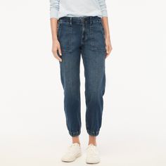 Utility jogger jean in signature stretch+ Casual Stretch Medium Wash Cargo Jeans, Casual Stretch Cargo Jeans In Medium Wash, Sporty High Rise Jeans For Spring, Stretch Casual Cargo Jeans For Fall, Casual Stretch Mid-rise Cargo Jeans, Relaxed Fit Jeans With Elastic Waistband For Fall, Stretch Mid-rise Cargo Jeans Casual, Casual Cargo Jeans For Fall, Fall Relaxed Fit Jeans With Elastic Waistband