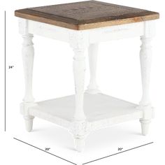 a white end table with a wooden top and shelf on one side, measurements for the height