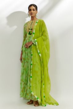 Lime green anarkali featuring floral print all over with mirror and gota detailing in the front. Paired with a straight pant and organza dupatta. - Aza Fashions Festive Green Floor-length Churidar, Green Resham Embroidered Georgette Kurta, Unstitched Green Anarkali Palazzo Set, Green Georgette Palazzo Set With Dupatta, Bollywood Style Green Palazzo Set With Traditional Drape, Green Zari Work Kurta In Georgette, Green Georgette Palazzo Set With Traditional Drape, Green Georgette Kurta For Navratri, Green Georgette Palazzo Set For Navratri