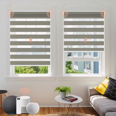 two windows with blinds in the living room