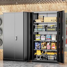 a large metal storage cabinet filled with lots of tools