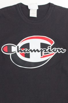 Size: Small Brand: Champion Color: Black Material: Cotton Made In: Haiti Length: 26 Chest Width: 16.5 Vintage Condition Notes: - Item is generally in good condition. Like all vintage clothing, it shows some signs of wear, but there are no outstanding flaws. Vintage Black Top With Text Print, Vintage Black T-shirt With Letter Print, Vintage Black Tops With Letter Print, Black T-shirt With Lettering For Streetwear, Vintage Black T-shirt With Screen Print, Vintage Black Crew Neck T-shirt, Retro Black Tops With Logo Print, Black Retro Top With Logo Print, Black Retro T-shirt With Text Print