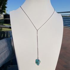 Handmade Turquoise Lariat Necklace. Stainless Steel. Adjustable Turquoise Lariat Necklace, Turquoise Lariat Necklace Gift, Turquoise Lariat Necklace As A Gift, Bohemian Turquoise Lariat Necklace With Adjustable Chain, Blue Sterling Silver Lariat Jewelry, Turquoise Lariat Jewelry With Adjustable Chain, Turquoise Sterling Silver Lariat Necklace, Turquoise Lariat Necklace In Sterling Silver, Adjustable Silver Wire Wrapped Lariat Necklace