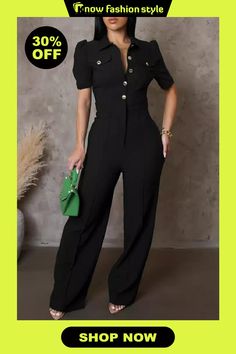 knowfashionstyle Formal Turndown Collar Long Sleeve Pocket Buckle Evening Party Office Lady Wide Leg Jumpsuits Elegant High-waist Non-stretch Jumpsuits And Rompers, Chic Short Sleeve Party Jumpsuits And Rompers, Chic Short Sleeve Jumpsuits And Rompers For Party, Elegant Fitted Solid Color Jumpsuits And Rompers, Black Short Sleeve Jumpsuit For Party, Casual Party Jumpsuits And Rompers With Pockets, Black Short Sleeve Jumpsuits And Rompers For Party, Elegant Buttoned Jumpsuits And Rompers For Party, Casual Jumpsuits And Rompers With Button Closure For Party