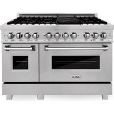 a stainless steel oven with four burners and two oven doors on the front side