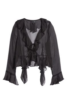 Floaty ruffles romance this soft chiffon top that's destined for date night. 18" length (size Medium) Ties at front V-neck Long sleeves 100% recycled polyester Machine wash, tumble dry Imported Sheer Summer Top, Black Chiffon Top, Black Chiffon Blouse, Black Sheer Top, Chiffon Ruffle, Flounce Sleeve, Babydoll Top, Front Tie Top, Chiffon Blouse