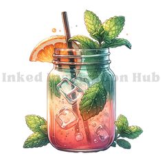 a mason jar filled with orange slices and mint