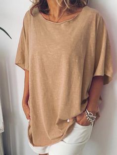 Khaki Loose Round Neck Short Sleeve Shirt Linen Blouse Outfit, Woman In White, Two Piece Jumpsuit, Women Shirts Blouse, Solid Tops, Long Blouse, Shirt Pattern, Casual T Shirts, Long Tops