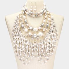 Color : Beige, Gold Tone White Necklace 1 Size : 14.5" + 3.5" L / Decor Size : 1.2" H Necklace 2 Size : 15" + 4" L / Decor Size : 8.5" H Earring Size : 1.8" L Detachable White Pearl Beaded Necklaces For Party, White Pearl Bib Necklaces For Party, White Pearl Bib Necklace For Party, White Pearl Necklaces For Party, White Multi-strand Pearl Chain Necklace, White Pearl Beaded Bib Necklaces, White Beaded Pearl Bib Necklace, White Pearl Beaded Bib Necklace, White Multi-strand Pearl Beaded Necklaces