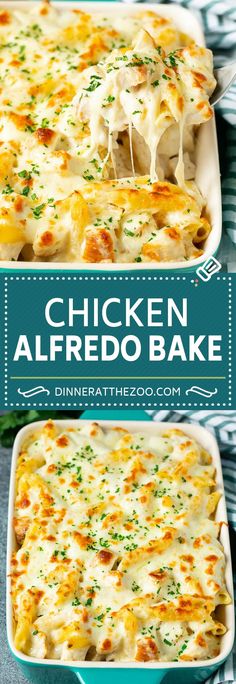 chicken alfredo bake in a blue casserole dish with the title above it