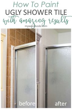 the before and after shots of a shower door that has been painted with white paint