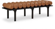 a row of benches made out of brown leather seats on black metal legs, all lined up against each other