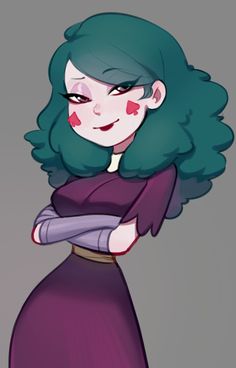 a drawing of a woman with blue hair and green eyes, wearing a purple dress