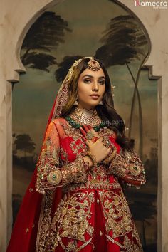 Buy Designer Red Bridal Lehnga Gown for Wedding Wear in Silk and Chiffon fabric Enhanced with Hand-Embellished Golden work. Customizable. Fast Shipping