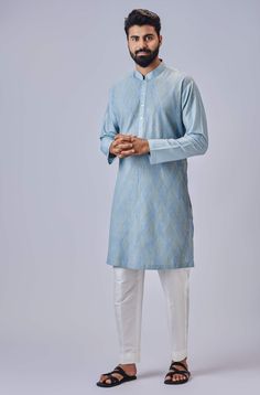 Chatenya Mittal-Light Blue Kurta And Pant-INDIASPOPUP.COM Blue Kurta, Kurta Men, Silk Kurta, Kurta With Pants, Thread Embroidery, Fashion App, Cotton Pyjamas, Thread Work, Kurta Set