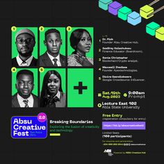 an advertisement for the african creative festival, featuring four people in black and green squares