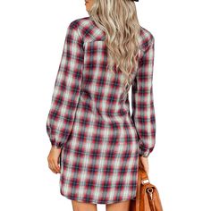 Red Plaid Print Tie Waist Button Shirt Casual Dress Casual Buttoned Shirt Dress For Winter, Casual Winter Shirt Dress With Buttons, Winter Casual Shirt Dress With Buttons, Casual V-neck Shirt Dress For Fall, Cotton V-neck Shirt Dress For Fall, Casual Plaid Button-up Shirt Dress, Casual Red Long Sleeve Shirt Dress, Red Button-up Casual Shirt Dress, Plaid Long Sleeve Shirt Dress With Buttons