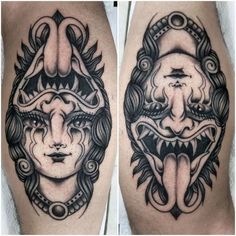 Old School Throat Tattoo, Flipface Tattoo Traditional, Black Work Knee Tattoo, Traditional Face Tattoo, Traditional Throat Tattoo, Double Sided Tattoo, Devil Face Tattoo, Tradional Tattoo Ideas, Traditional Neck Tattoo