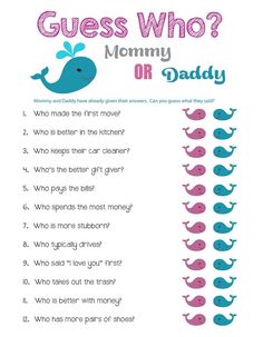 a printable guess who mommy or daddy game with the words, which are in pink and blue