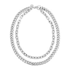 The Cash necklace is made from rounded curb chain and thick brass cable link chain, fastened with a with lobster clasp. Finishes available: 10K Gold or Rhodium-Silver Necklace Measurements:1st layer sits at 15.5"2nd layer sits at 19" Chain measurements- Curb chain measures:9.81mm (.416") wide2.8mm (.11") thick Cable link chain measures:8.4mm (.33") wideEach link:13.1mm long (.51") & 2.2mm (.08") thick Clasp Measures:19mm (.75") long Modern Necklace With Double Chain And Oval Link, Modern Necklaces With Double Chain And Oval Link, Modern Double Chain Necklace With Oval Links, Double Strand Curb Chain Necklace, Modern Oval Link Double Chain Necklace, Silver Double Chain Cuban Link Necklace, Double Chain Metal Necklaces With Cuban Link, Metal Double Chain Cuban Link Necklace, Double Chain Cuban Link Metal Necklace