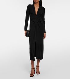 Eliana jersey midi dress in black - Velvet | Mytheresa Black Maxi Length Elastane Dress, V-neck Elastane Dress With Flattering Silhouette, Elastane Midi-length Dress With Flattering Silhouette, Midi Length Elastane Dress, Ruched Elastane Midi Bodycon Dress, Ruched Midi Dress For Date Night, Viscose V-neck Ruched Midi Dress, Ruched V-neck Midi Dress In Viscose, Evening V-neck Elastane Dress