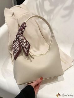 BirdinBag - Chic White Crossbody Bag with Silk Scarf Accent - Minimalist and Versatile Boho Backpack Purse, Handbag Scarf, Scarf Decor, Hobo Bag Patterns, White Silk Scarf, Convertible Backpack Purse, Beige Handbags, White Crossbody Bag, Twilly Scarf