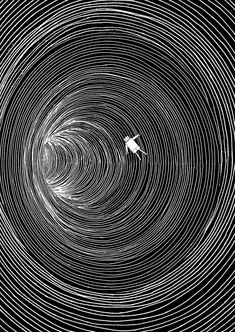 an abstract black and white photo with swirls in the center that looks like something out of space