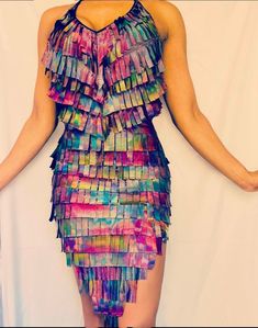 stretch fringe rainbow halter dress with high rise side slits and lowered back Multicolor Sleeveless Fringe Dresses, Multicolor Festival Dress For Party Season, Multicolor Dress For Festival And Party, Multicolor Dresses For Festival And Party Season, Multicolor Fringe Party Dresses, Multicolor Fringe Dresses For Party, Rainbow Iridescent, Cocktail Party Dress, Lower Back