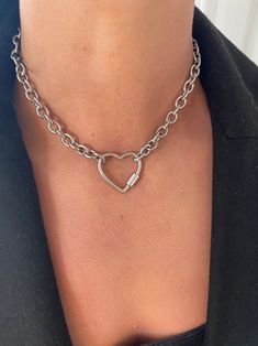 Silver Heart Chain Necklace Carabiner Heart Necklace Rock | Etsy Nigeria Necklace Carabiner, Heart Carabiner, Heart Chain Necklace, Chunky Chain Necklace, Charm Choker Necklace, Beautiful Chokers, Chunky Chain Necklaces, Choker Pendant, Necklace Chunky