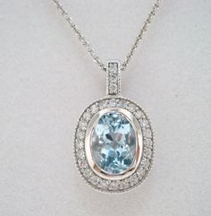 14K White Gold Oval Aquamarine & Diamonds Pendant by JewelryByGaro, $1400.00 Formal Blue Oval Diamond Necklace, Blue Oval Diamond Necklace In Fine Jewelry Style, Blue Oval Diamond Necklace Fine Jewelry, Exquisite Oval Diamond Necklace Hallmarked, Classic Oval Diamond Necklace With 17 Jewels, Exquisite Oval Diamond Necklaces, Oval Platinum Diamond Necklace With Single Cut Diamonds, Oval Platinum Necklace With Diamond Accents, Formal Oval Diamond Cut Necklace