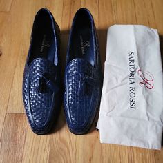 Beautifully Crafted Navy Blue Tassel Loafers. Elegant Slip-on Moccasins With Woven Sole, Blue Brogue-detailed Loafers For Galas, Elegant Slip-ons With Woven Sole And Round Toe, Elegant Slip-on Loafers With Woven Sole, Elegant Blue Slip-on Moccasins, Blue Formal Slip-ons For Spring, Formal Blue Slip-ons For Spring, Blue Flat Slip-on Moccasins, Spring Formal Loafers With Woven Sole