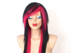 "© 2019 Kekewigs This hairstyle was created by Keke in 2019, the images are copyrighted. Please do not use the photos for commercial purposes. Color: Black / Hot Pink Hairstyle: Straight hair with side bangs  Overall length: 28\" Bangs Length: 10\" Part: Circular center part (there is no defined parting line with scalp illusion, but you can choose to part it anywhere you like) Cap Circumference: 22.5\" can be adjusted to fit between 22\"- 23\" Hair type: Premium Futura heat-friendly synthetic ha Pink Tip Hair, Pink Emo Hair, Straight Layered Wig, Scene Wig, Layered Wig, Ombre Wig, Side Part Hairstyles, Hair Streaks, Pink Wig