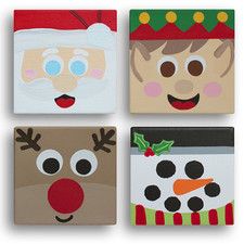 four square paintings of santa claus, snowman and rudolph