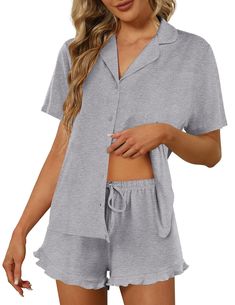 PRICES MAY VARY. 【High Quality Material】: The Super Soft Pajama Set is made for 95%Polyester5%Spandex. Ultra Soft Ekouaer Sleepwear, brings you more Breathble, Comfortable and Skin-Friendly Feeling 【Pajama Top】:Women's short sleeve pajamas set with solid color, sleepshirt hits at hip , turn-down collar, Full Button Design is easy to put on and take off 【Pajama Bottoms】:Two piece pajama set for women featuring classic casual loungewear set style, featuring short sleeve top and pants for relaxed f Relaxed Fit Sleepwear With Buttons For Loungewear, Relaxed Fit Sleepwear With Buttons, Cotton Button-up Sleepwear For Lounging, Casual Buttoned Sleepwear For Loungewear, Button-up Sleepwear For Pajama Party, Casual Sleep Sets With Buttons, Casual Sleepwear Sets With Buttons, Short Sleeve Sleepwear With Buttons, Casual Button-up Sleepwear For Lounging