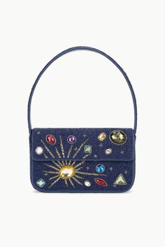 Updated in a beaded cabochon constellation pattern, our best-selling Tommy Bag is back in a colorful design against a deep navy background for the season. This style features a magnetic snap closer and exterior pocket at the back of the bag. Beaded Leather Bag, Beaded Cabochon, Staud Handbags, Constellation Pattern, Soft Loafers