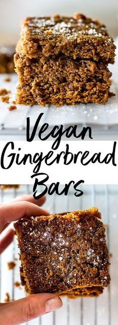 vegan gingerbread bars are stacked on top of each other and ready to be eaten